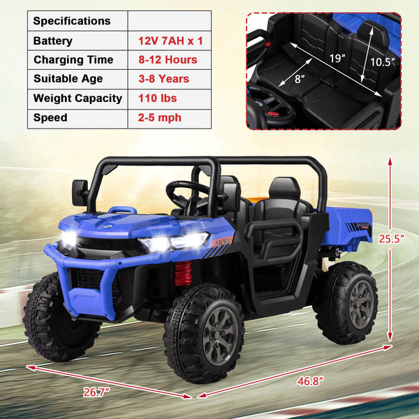 12V 2-seater kids ride-on dump truck with dump bed and shovel, perfect for outdoor play and adventures.