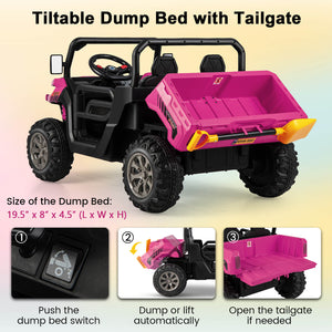 12V 2-seater kids ride-on dump truck with dump bed and shovel, perfect for outdoor play and imaginative adventures.