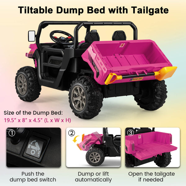 12V 2-seater kids ride-on dump truck with dump bed and shovel, perfect for outdoor play and imaginative adventures.
