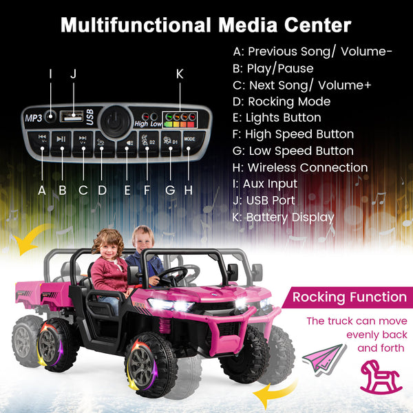 12V 2-seater kids ride-on dump truck with dump bed and shovel, perfect for outdoor play and imaginative adventures.