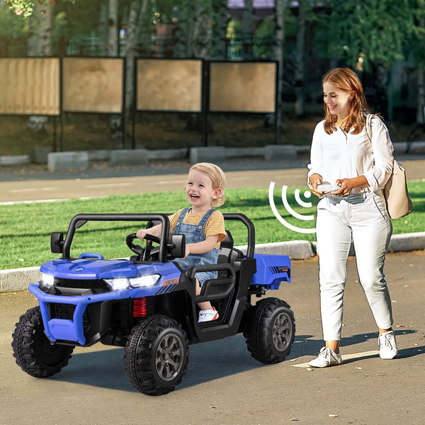 12V 2-seater kids ride-on dump truck with dump bed and shovel, perfect for outdoor play and imaginative adventures.