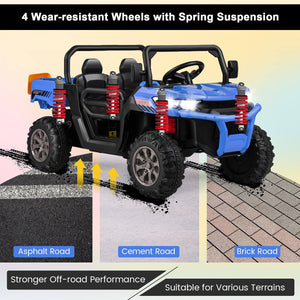 12V 2-seater kids ride-on dump truck with shovel, perfect for outdoor play and imaginative adventures.