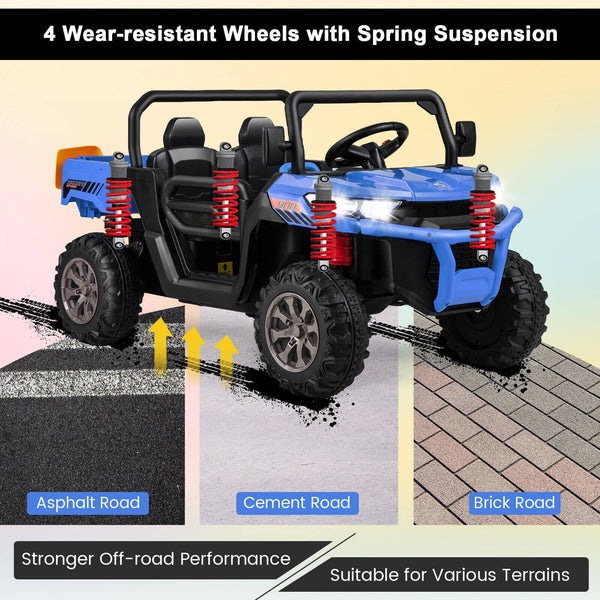 12V 2-seater kids ride-on dump truck with shovel, perfect for outdoor play and imaginative adventures.