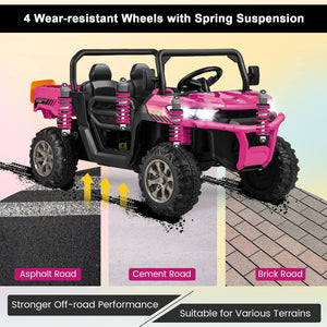 12V 2-seater kids ride-on dump truck with dump bed and shovel, perfect for outdoor play and adventure.