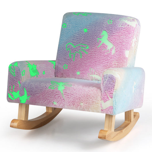Kids Rocking Chair Upholstered Flannel Children Rocker with Solid Poplar Wood Rocking Feet-Multicolor