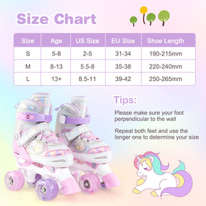Kids Roller Skates 4 Sizes Adjustable Quad Skates with Light-up Wheels and Safety Protection