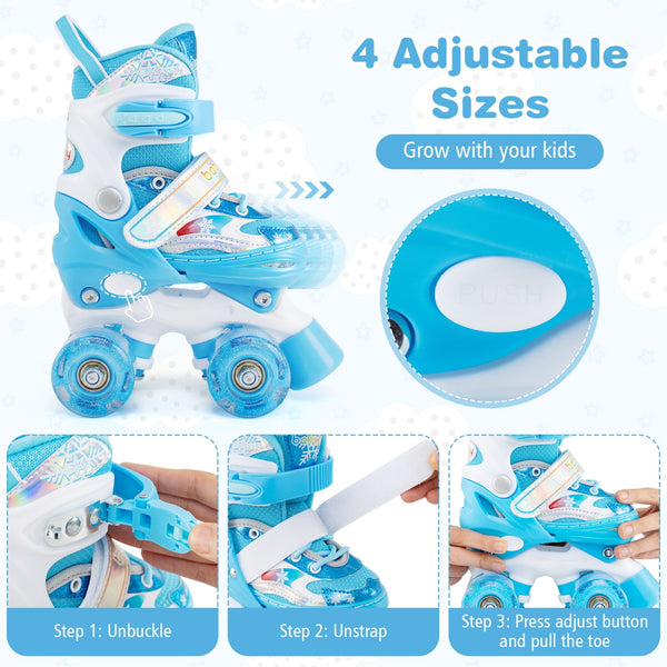 Kids Roller Skates 4 Sizes Adjustable with Light-up Wheels for Toddler Aged 3-4 (XS)