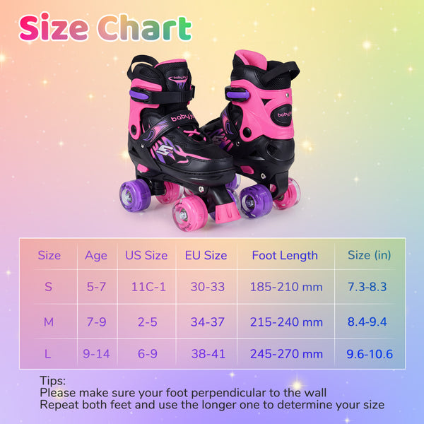 Kids Roller Skates for Girls Boys 4 Sizes Adjustable Quad Skates with Light-up Wheels for Outdoor