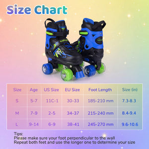 Kids Roller Skates for Girls Boys 4 Sizes Adjustable Quad Skates with Light-up Wheels for Outdoor