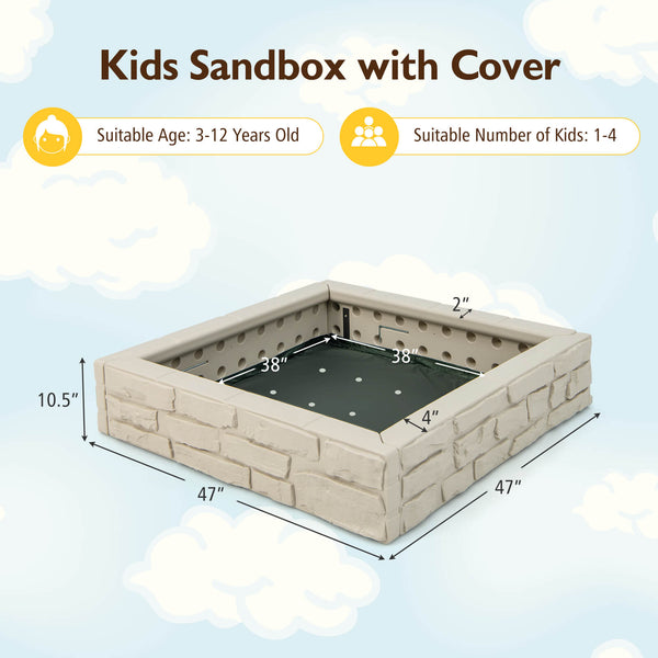 2-In-1 HDPE Kids Sandbox with Cover and Bottom Liner - Wooden