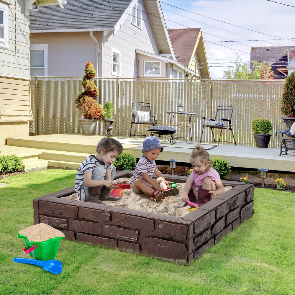 2-In-1 HDPE Kids Sandbox with Cover and Bottom Liner - Wooden