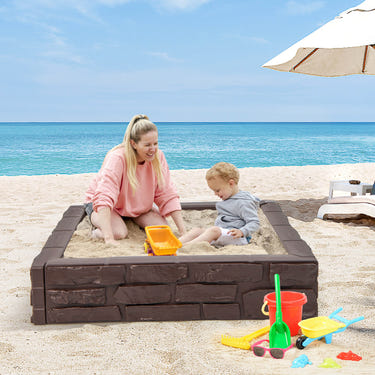 2-In-1 HDPE Kids Sandbox with Cover and Bottom Liner - Wooden