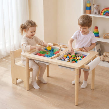 Kids Sensory Table Set with Adjustable Height and 2 Storage Bins-Natural