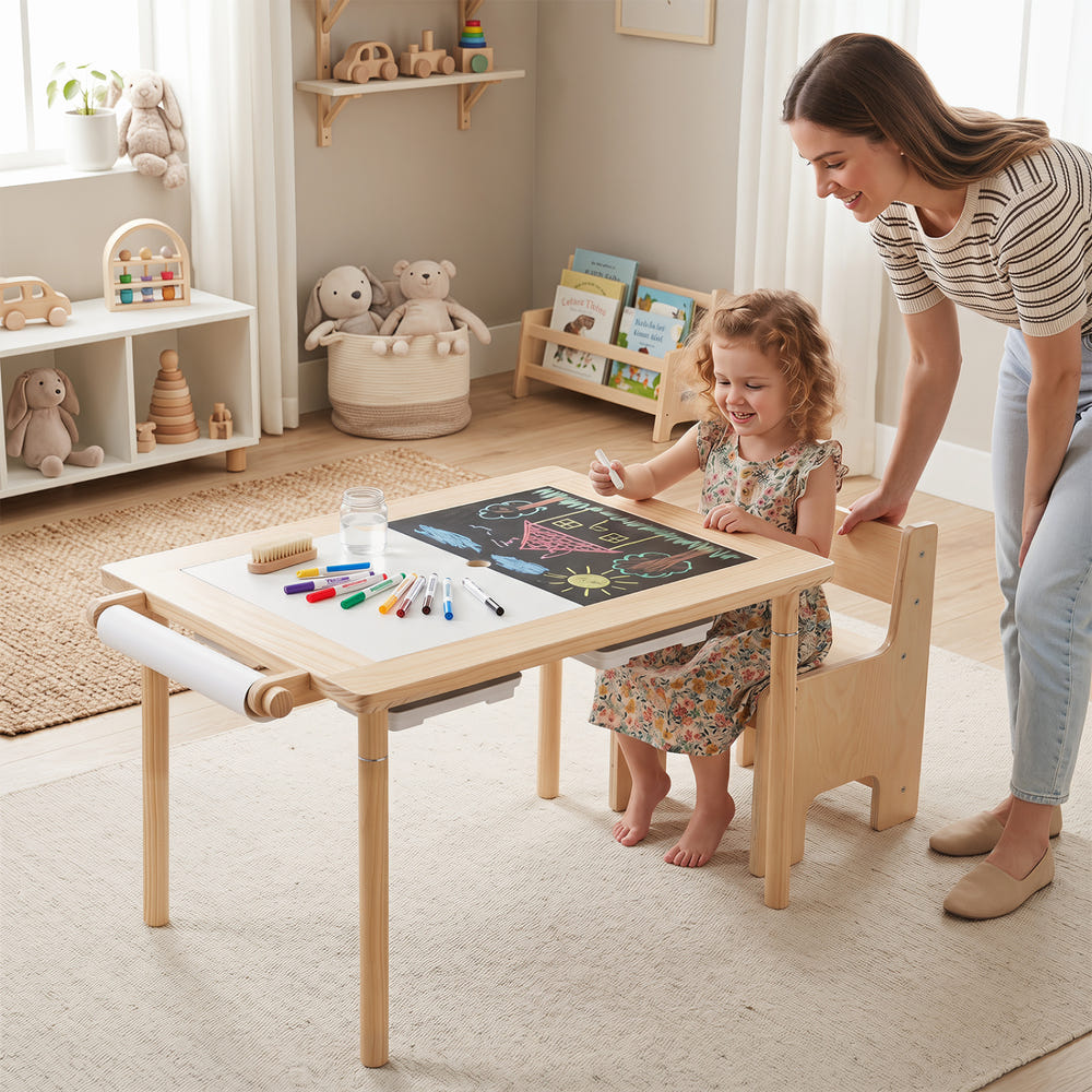 Kids Sensory Table Set with Adjustable Height and 2 Storage Bins-Natural