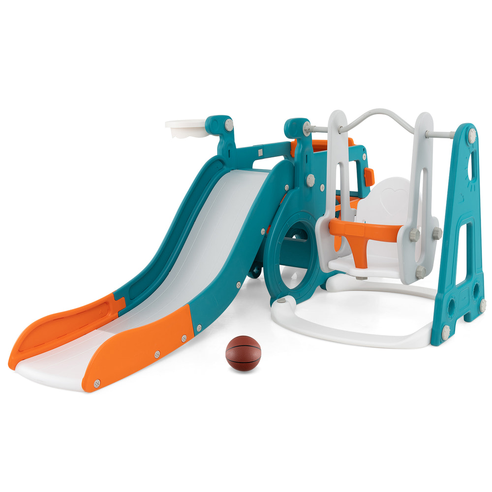 5-in-1 Kids Slide and Swing Set with Mini Bus and Basketball Hoop