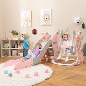 4-in-1 Kids Slide and Swing Set with Basketball Hoop