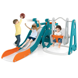 5-in-1 Kids Slide and Swing Set with Mini Bus and Basketball Hoop