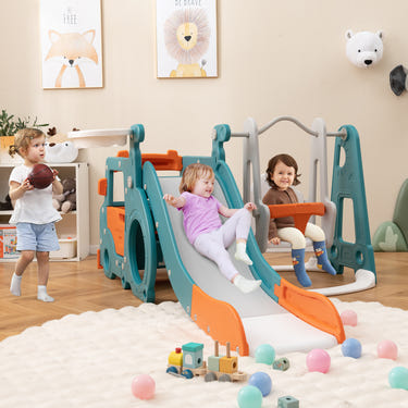5-in-1 Kids Slide and Swing Set with Mini Bus and Basketball Hoop
