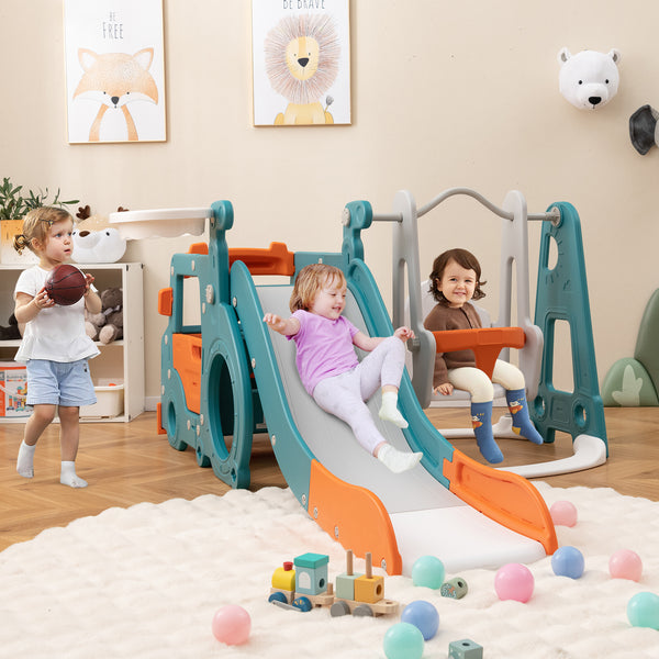 5-in-1 Kids Slide and Swing Set with Mini Bus and Basketball Hoop