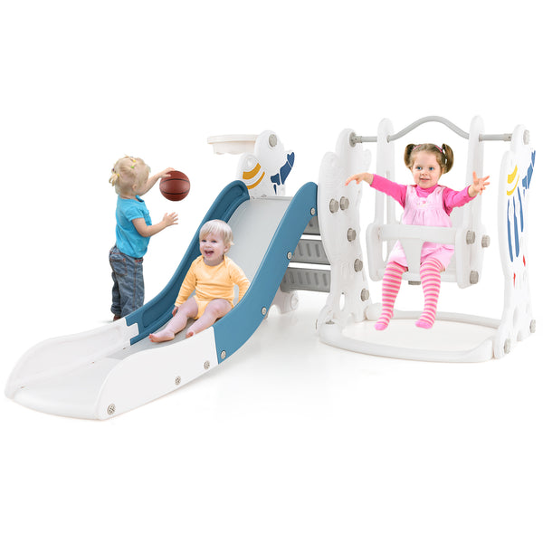 4-in-1 Kids Slide and Swing Set with Basketball Hoop