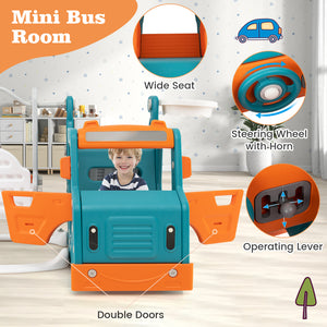 5-in-1 Kids Slide and Swing Set with Mini Bus and Basketball Hoop