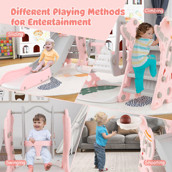 4-in-1 Kids Slide and Swing Set with Basketball Hoop