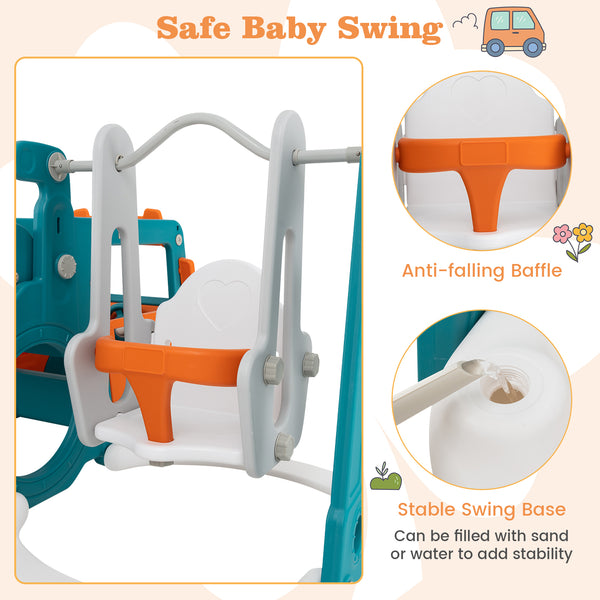 5-in-1 Kids Slide and Swing Set with Mini Bus and Basketball Hoop