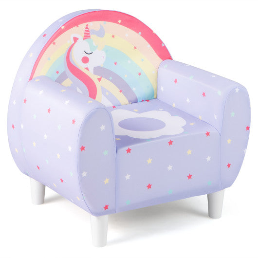 Purple kids sofa with breathable spandex fabric and high-density sponge filling for boys and girls, angled view.