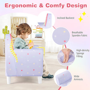 Purple kids sofa with breathable spandex fabric and high-density sponge filling for boys and girls, angle view 7.