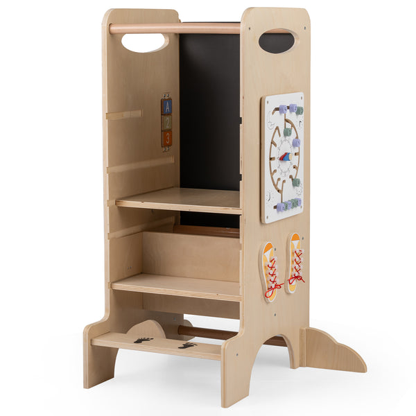 Kids standing tower with detachable chalkboard and Montessori games for feeding and play, suitable for ages 3+.