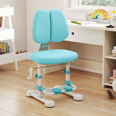 Kids study chair in blue with adjustable double backrest and footrest for comfortable seating.