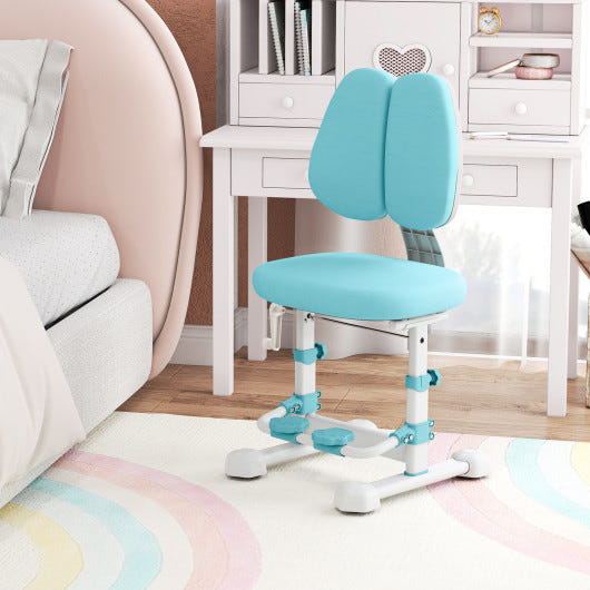 Kids study chair in blue with adjustable double backrest and footrest for comfortable seating.
