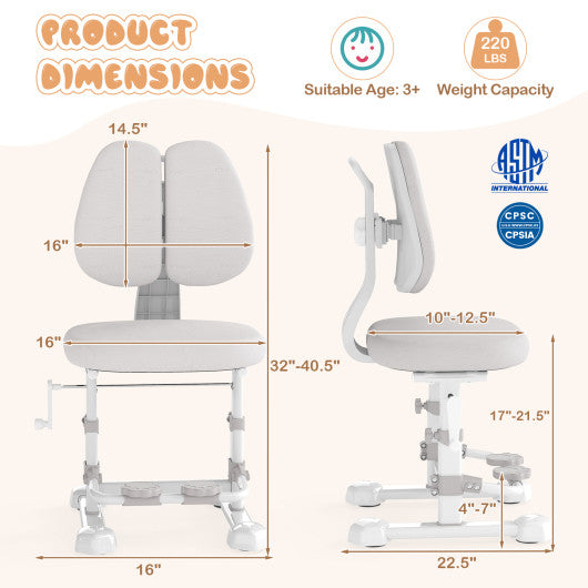 Kids Study Chair with Adjustable Double Backrest and Footrest-Gray