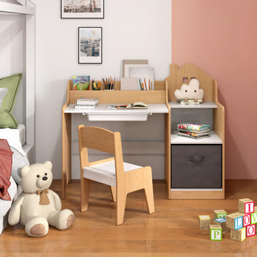 Kids study desk and chair set with open shelves, drawer, and fabric storage bin in natural finish.