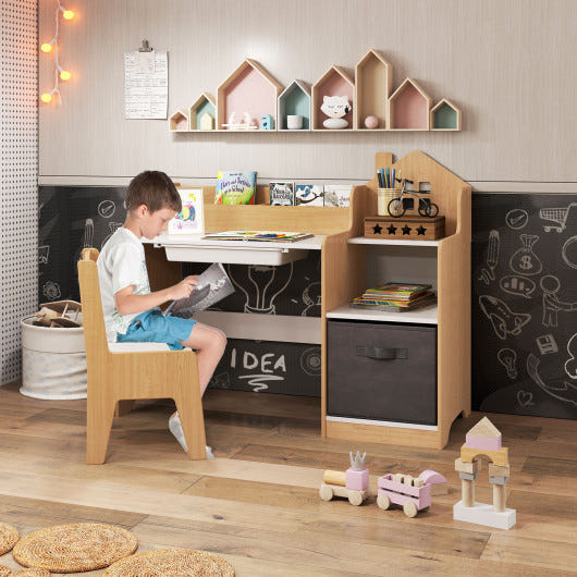 Kids study desk and chair set with open shelves, drawer, and fabric storage bin in natural finish.
