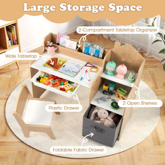 Kids Study Desk and Chair Set with Open Shelves Drawer and Fabric Storage Bin-Natural