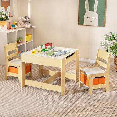 Kids table and chairs set with storage boxes, blackboard, and whiteboard for creative play and organization.