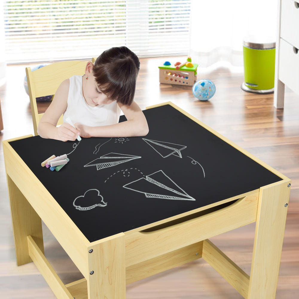 Kids table and chairs set with storage boxes, blackboard, and whiteboard for creative play and organization.