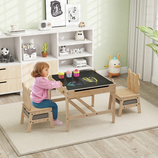 Kids table and chairs set with panda design and reversible whiteboard for creative playtime.