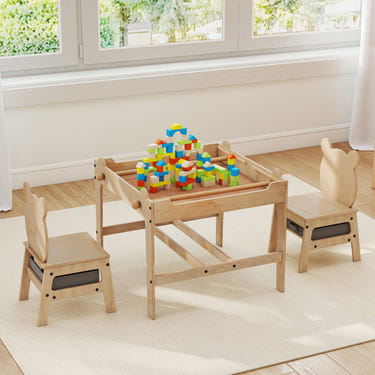 Kids table and chairs set with panda design and reversible whiteboard for creative playtime.