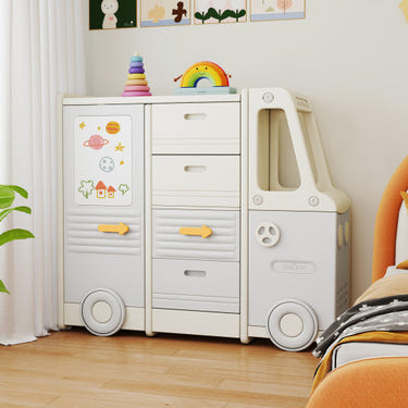 Gray bus-shaped kids toy storage organizer with 4 pull-out drawers and handles for children's room.