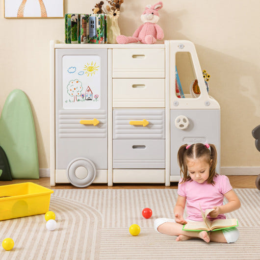 Gray bus-shaped kids toy storage organizer with 4 pull-out drawers and handles for children's room.