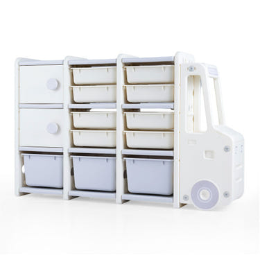 Grey truck-shaped toy storage organizer with 2 cabinets and 11 removable bins for kids' toys.