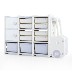 Kids Toy Storage Organizer Truck-shaped Toy Chest with 2 Cabinets and 11 Removable Bins-Grey