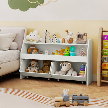 Wooden kids toy storage organizer bookcase with 2 movable drawers in white, perfect for children's room organization.