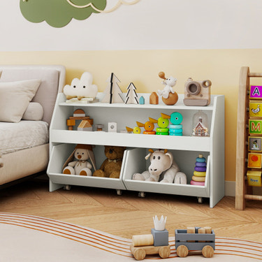 Wooden kids toy storage organizer bookcase with 2 movable drawers in white, perfect for children's room organization.