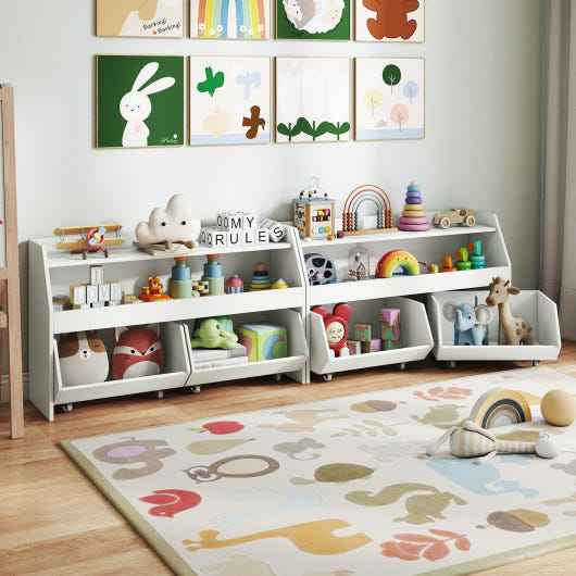 Wooden kids toy storage organizer bookcase with 2 movable drawers in white, perfect for children's room organization.