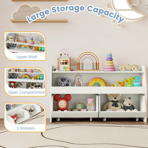 Kids Toy Storage Organizer Wooden Bookcase with 2 Movable Drawers-White