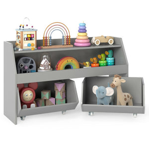 Kids Toy Storage Organizer Wooden Bookcase with 2 Movable Drawers-Gray