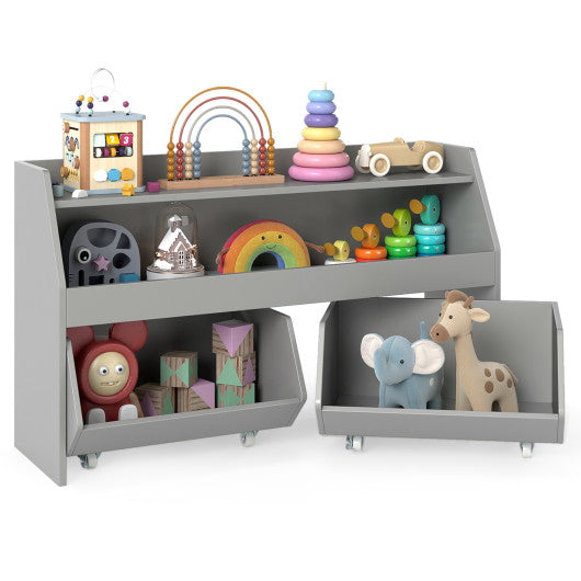 Kids Toy Storage Organizer Wooden Bookcase with 2 Movable Drawers-Gray